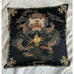 Vintage Chinese Silk pillow/case black gold Metallic Embroidered Dragon 17”